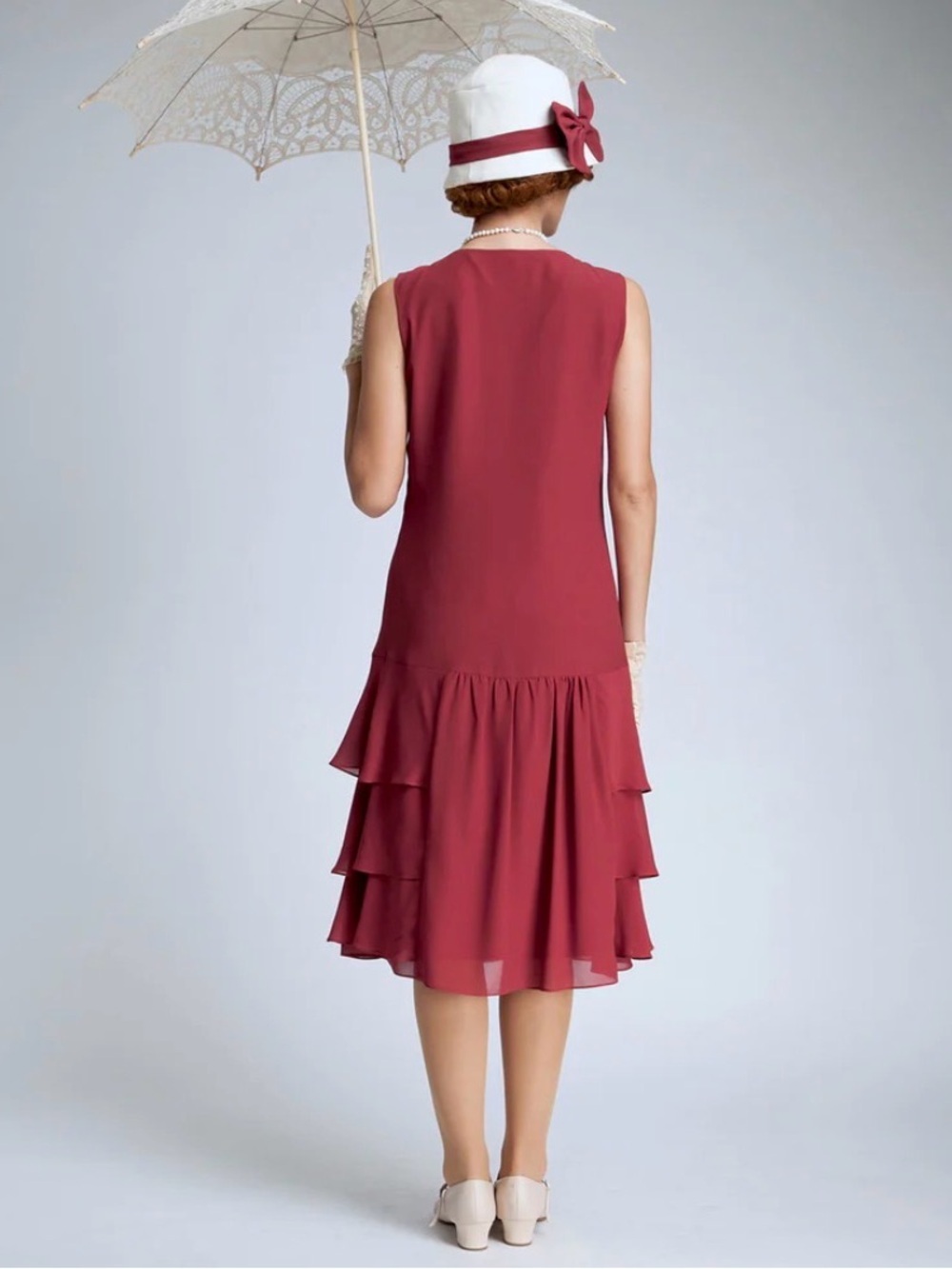 La Vie Delight Great Gatsby Dress Sleeveless Tiered Midi Dress in Wine Red M - Picture 3 of 12